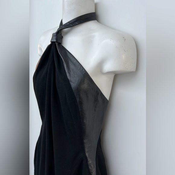 BEBE | Genuine Leather Knot Halter Black Sheath Dress - Picture 6 of 11